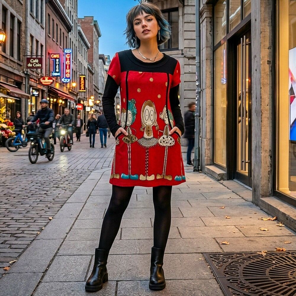 Aryeh Whimsical Doll Print Knit Tunic Dress – Red/Black – Size L
